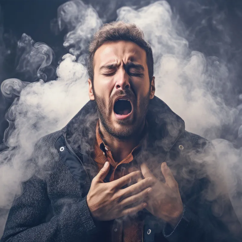 Person coughing through a cloud of smoke